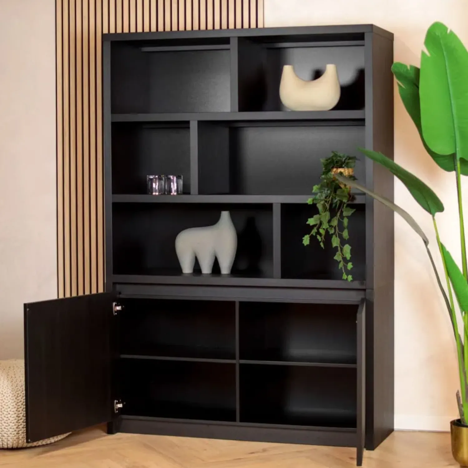 Maison Madera Vakkenkasten|Industriele Kasten|Kiara Vakkenkast 2-deur 6-vaks Zwart 138cm