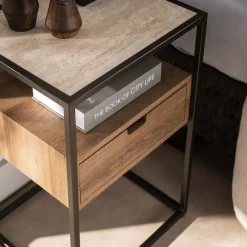 Kalfort Nachtkastjes|Industriele Kasten|Lois Nachtkastje 1 lade Travertine 40cm