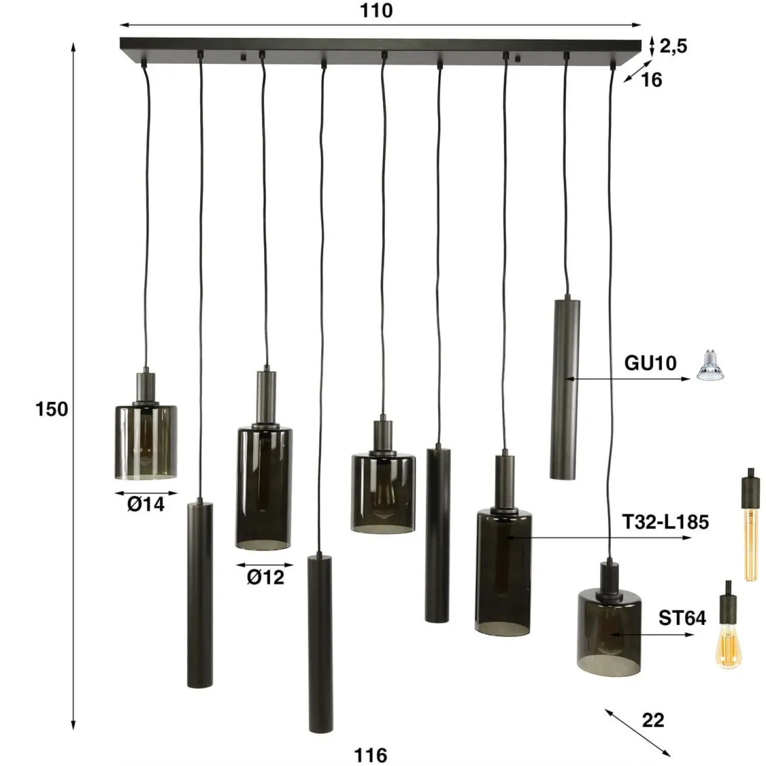 Kalfort Hanglampen|Glazen Hanglamp|Luca 9-lichts Hanglamp Bruin