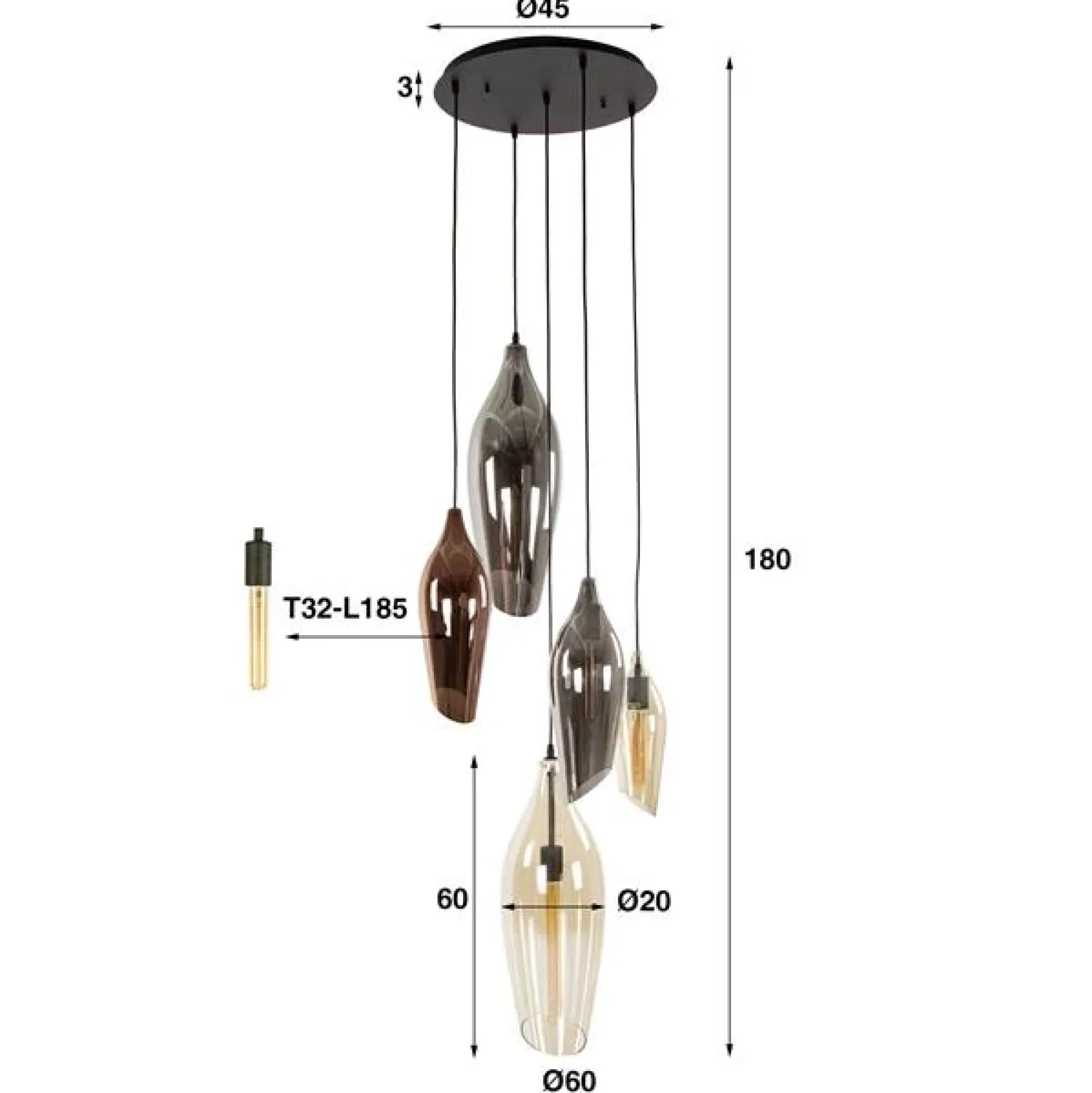 Kalfort Hanglampen|Glazen Hanglamp|Lucario 5-lichts getrapte Hanglamp industrieel