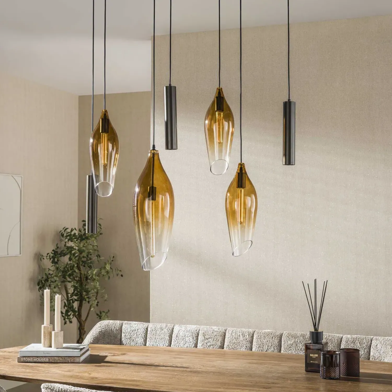 Kalfort Hanglampen|Glazen Hanglamp|Lucario 7-lichts Hanglamp bruin-shaded