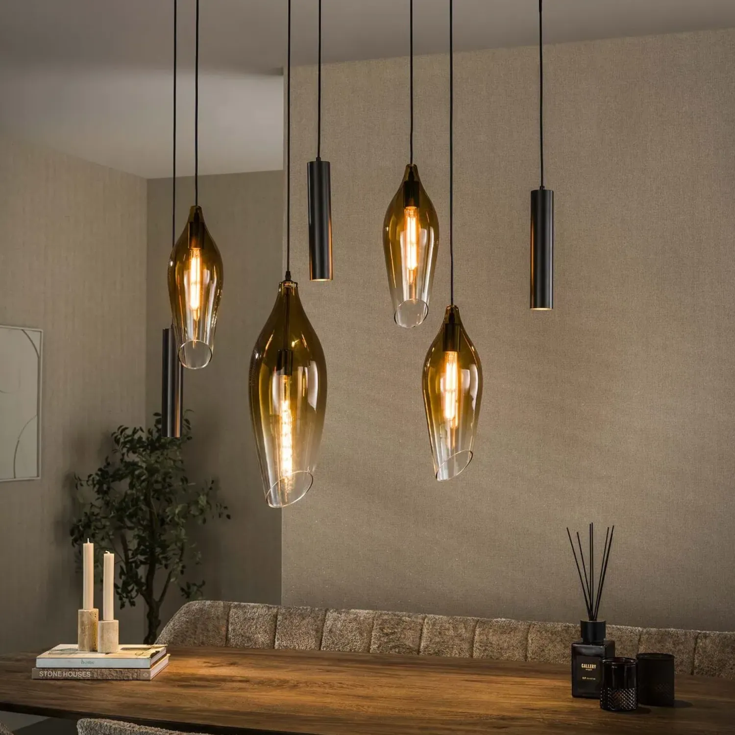 Kalfort Hanglampen|Glazen Hanglamp|Lucario 7-lichts Hanglamp bruin-shaded
