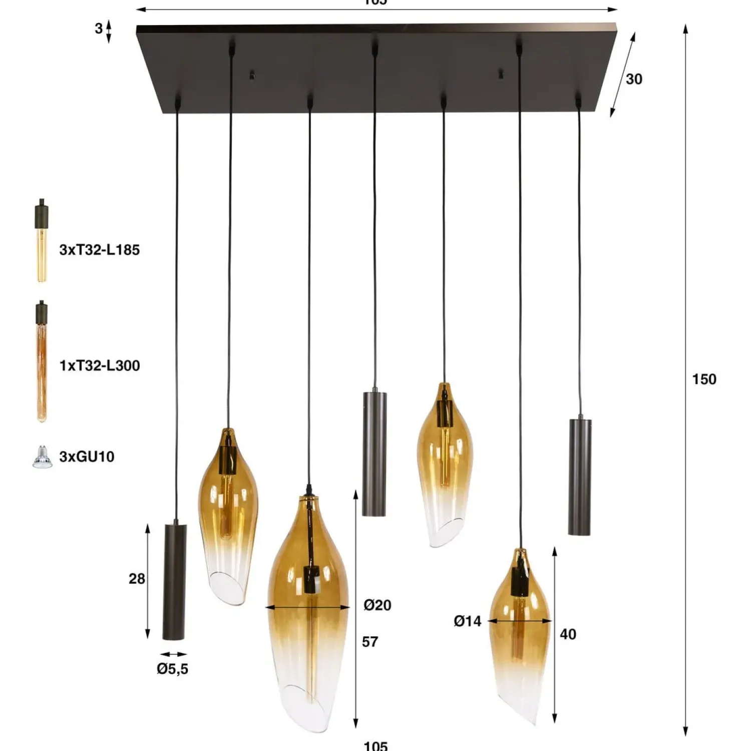 Kalfort Hanglampen|Glazen Hanglamp|Lucario 7-lichts Hanglamp bruin-shaded