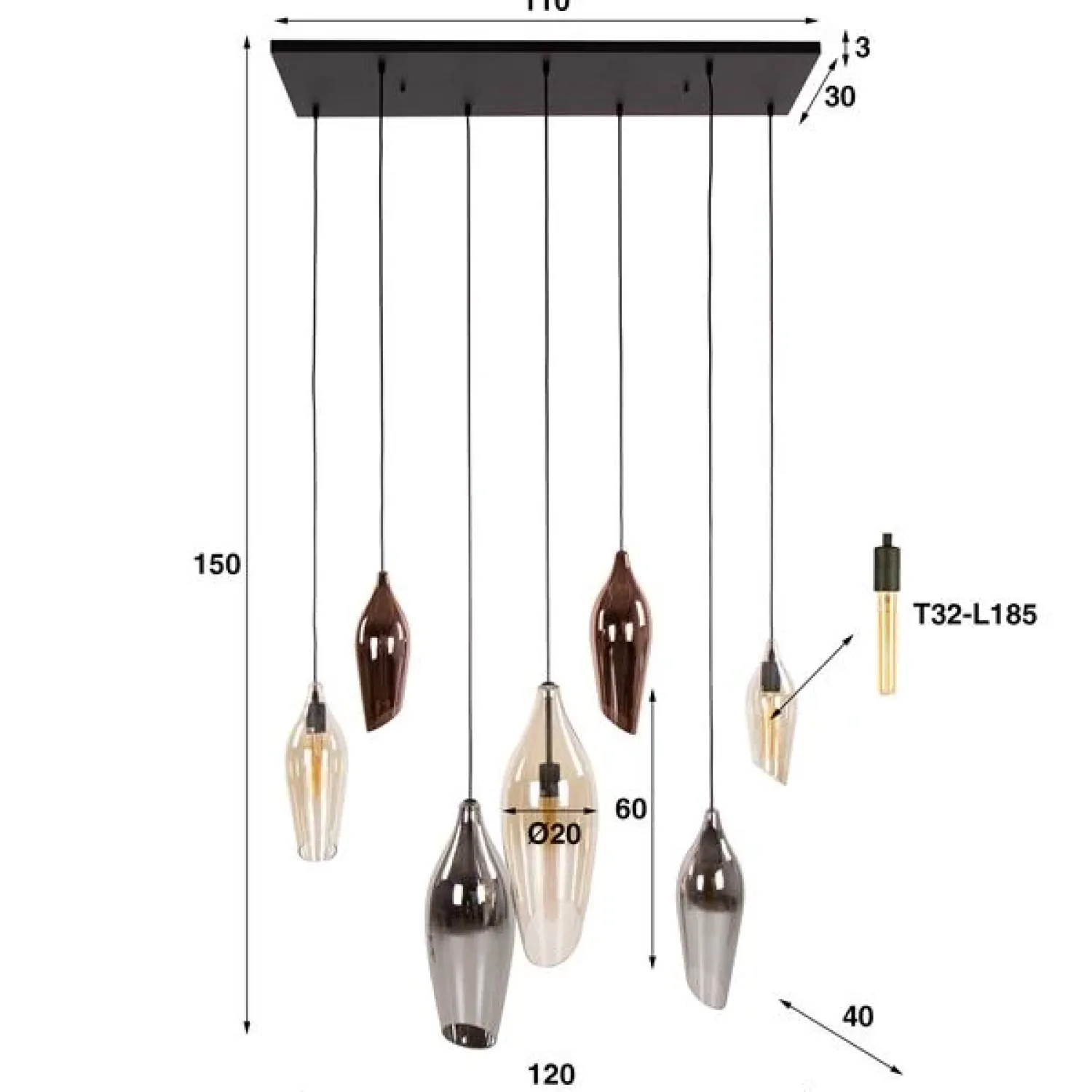 Kalfort Hanglampen|Glazen Hanglamp|Lucario 7-lichts Hanglamp industrieel
