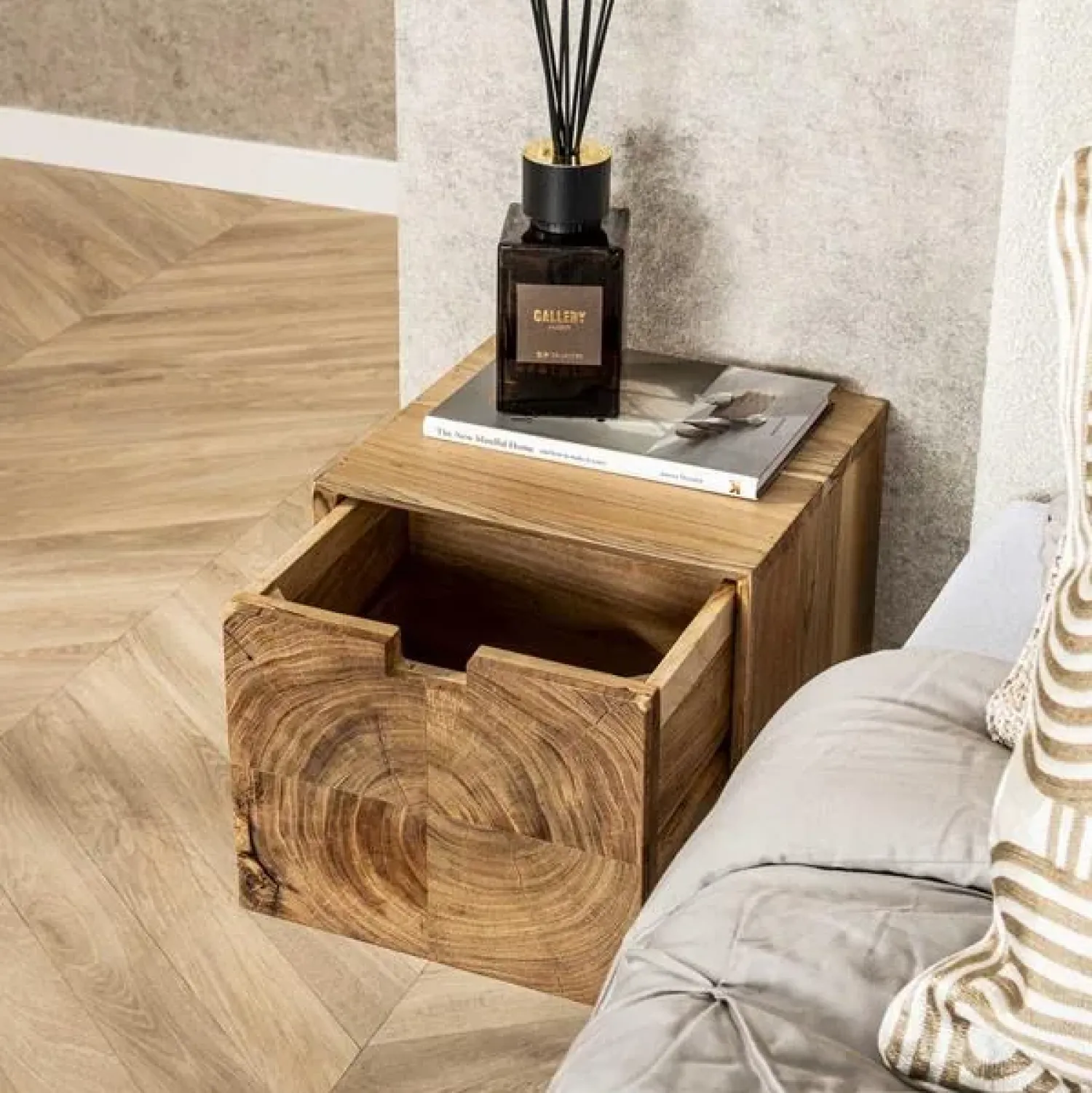 Kalfort Nachtkastjes|Industriele Kasten|Lugano Zwevend Nachtkastje Acaciahout naturel 35cm
