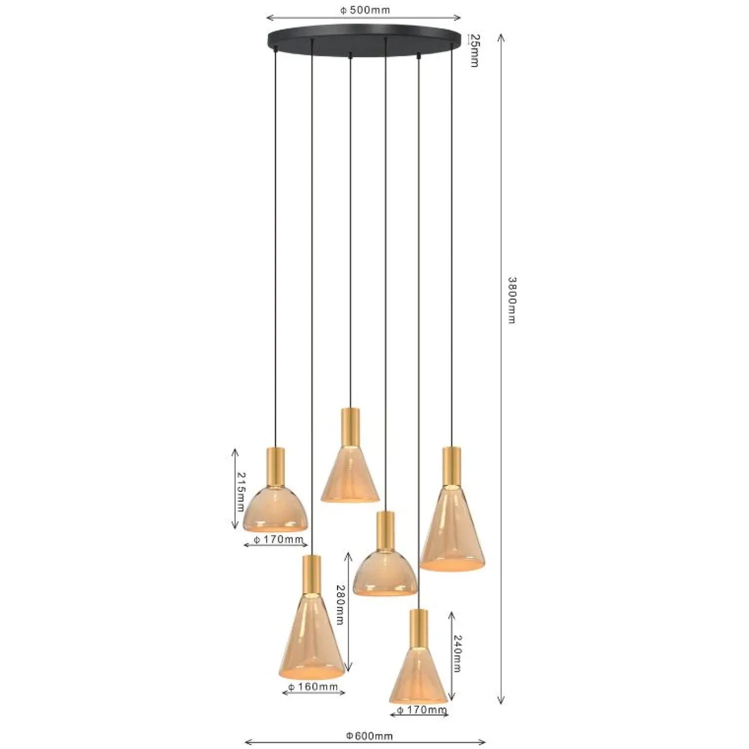 Trading Lighting Hanglampen|Glazen Hanglamp|Marlo 6-lichts getrapte Hanglamp Amber glas