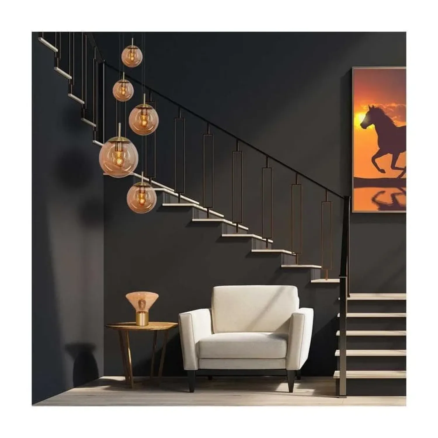 Kalfort Hanglampen|Glazen Hanglamp|Maya 5-lichts Hanglamp Getrapt Amber