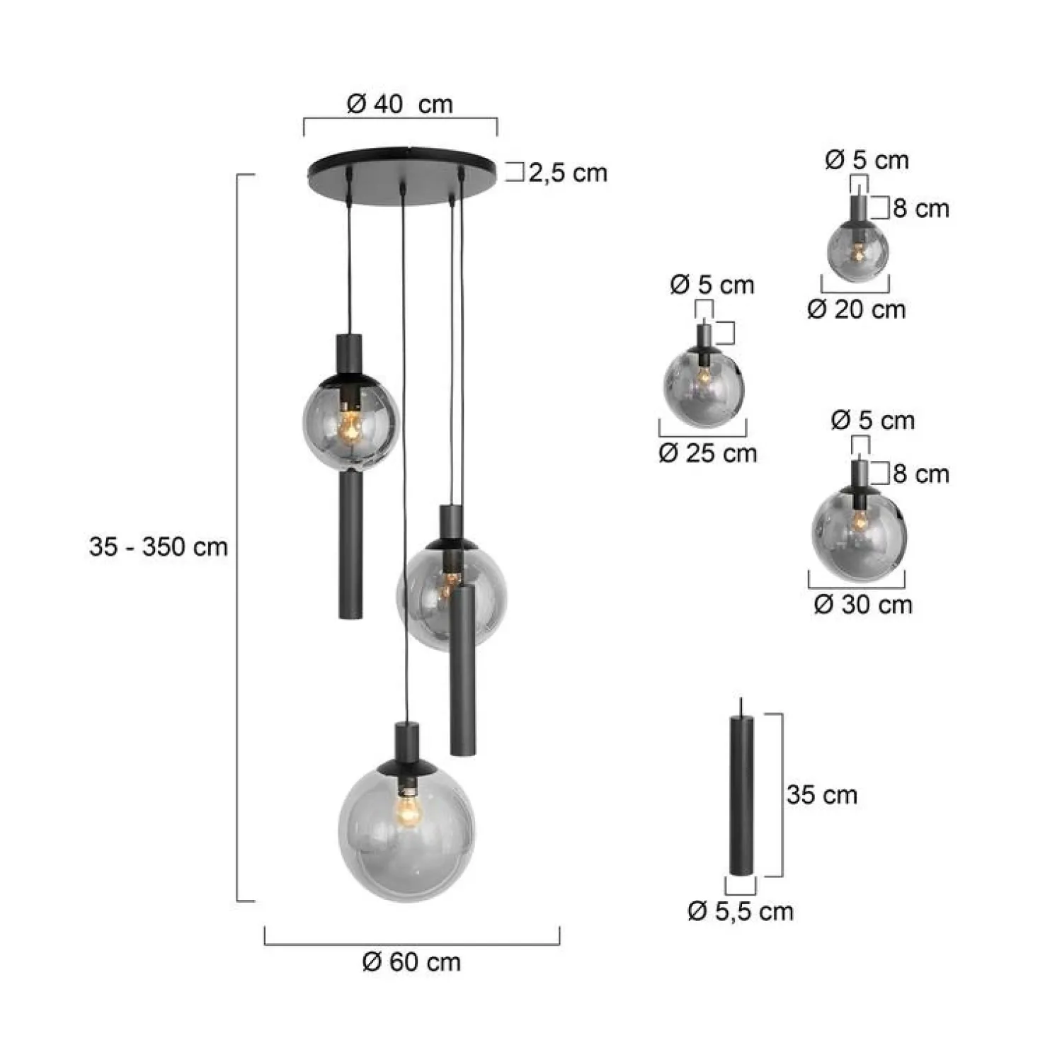 Steinmex Hanglampen|Glazen Hanglamp|Maya 3+2 lichts Hanglamp Getrapt Smoke