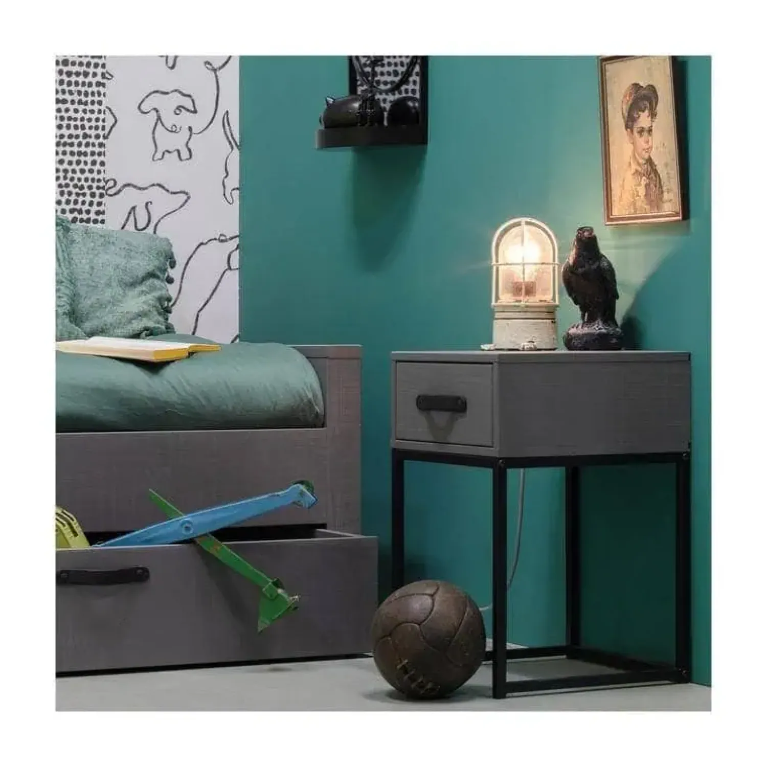WOOOD Nachtkastjes|Industriele Kasten|Morris Nachtkast Dennenhout Leem 35cm