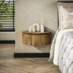 Kalfort Nachtkastjes|Industriele Kasten|Namra Zwevend Nachtkastje Rond Mangohout 50cm