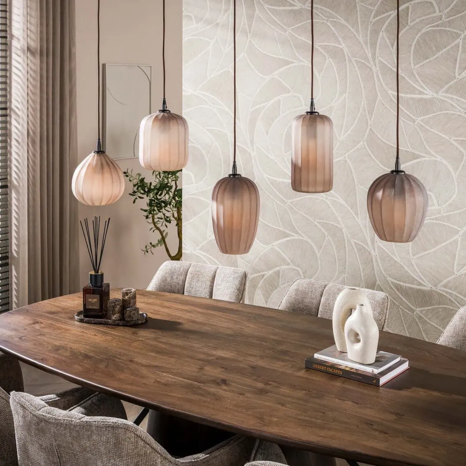 Kalfort Hanglampen|Glazen Hanglamp|Nevada 5-lichts Hanglamp bruin-frosted glas