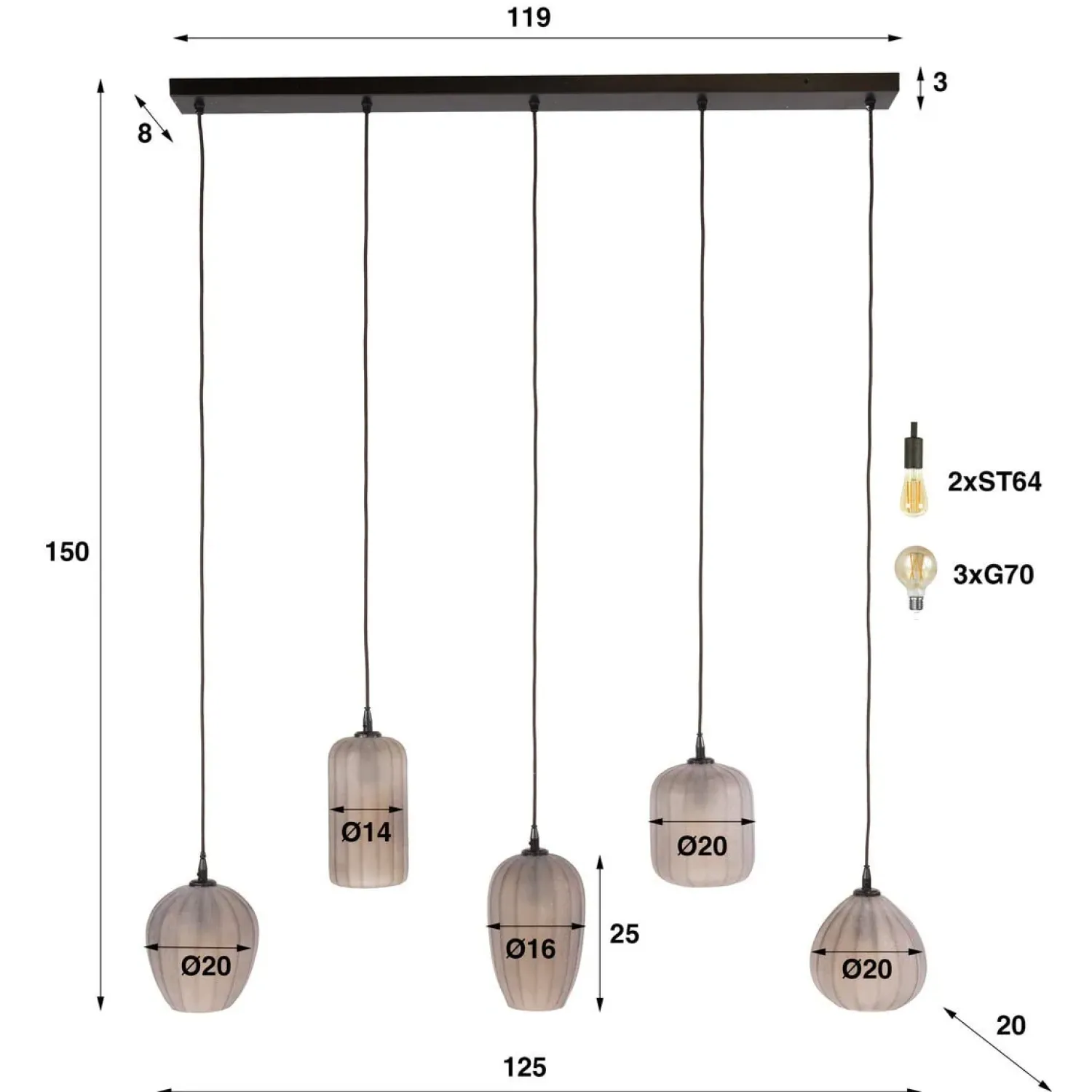 Kalfort Hanglampen|Glazen Hanglamp|Nevada 5-lichts Hanglamp bruin-frosted glas