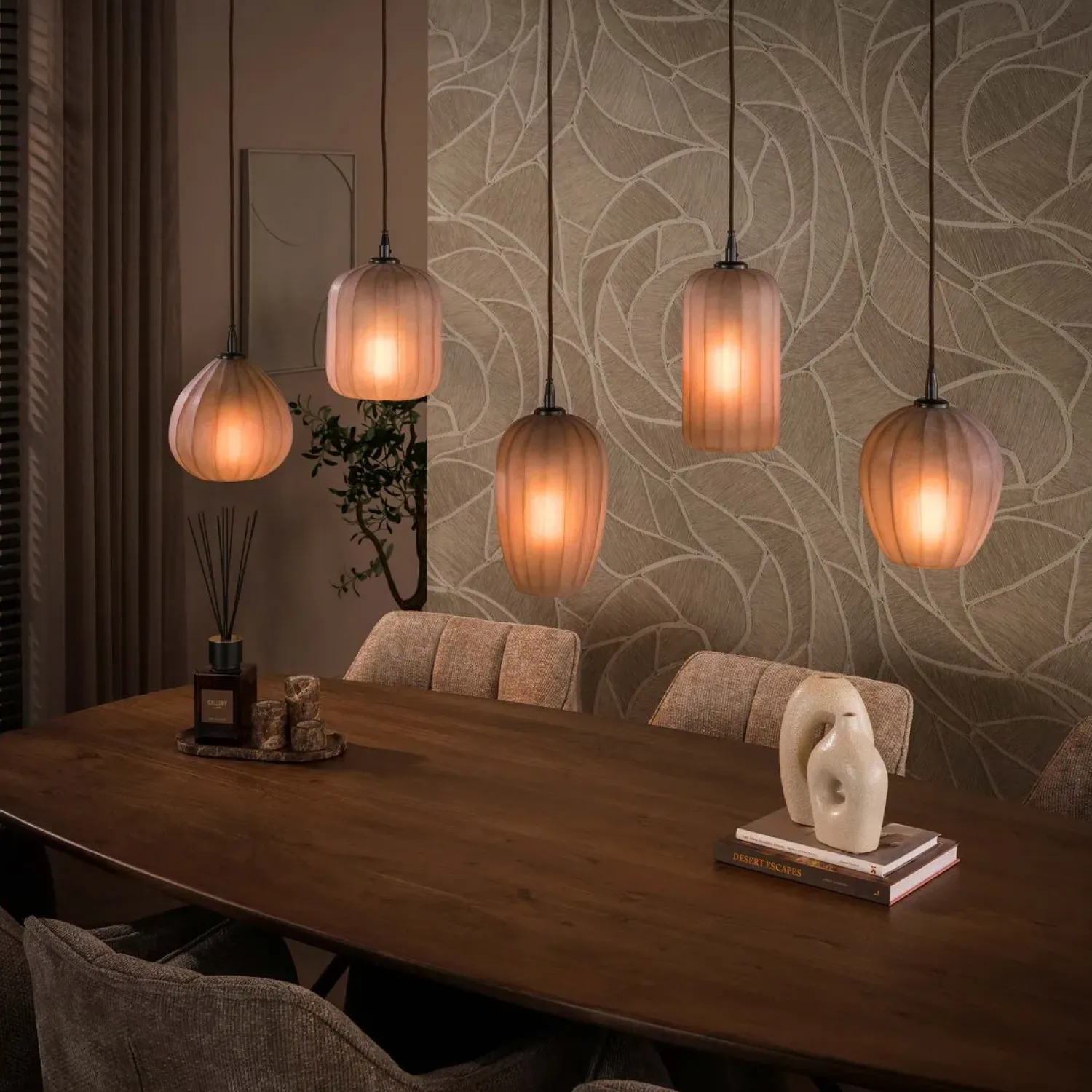 Kalfort Hanglampen|Glazen Hanglamp|Nevada 5-lichts Hanglamp bruin-frosted glas