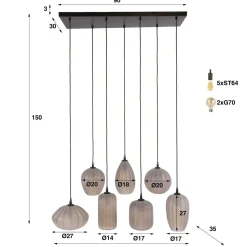 Kalfort Hanglampen|Glazen Hanglamp|Nevada 7-lichts Hanglamp bruin-frosted glas