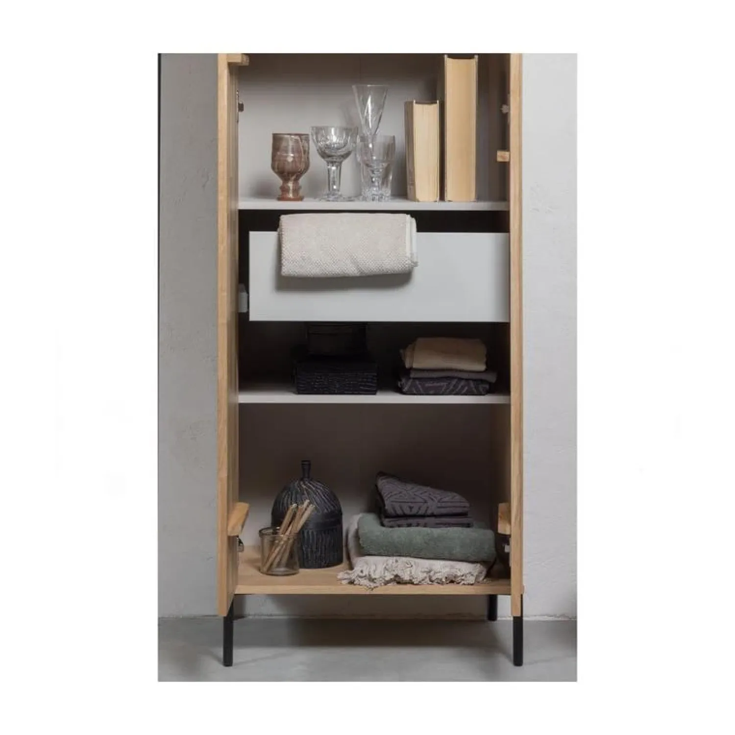 WOOOD Wandkasten|Industriele Kasten|New Gravure Hoge kast met lade eiken naturel 60 cm