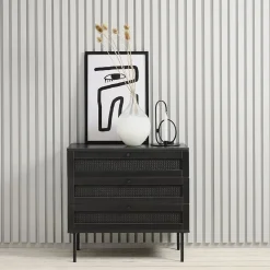 LykkeHome Dressoirs|Industriele Kasten|Pernille dressoir zwart melamine rotan 80cm