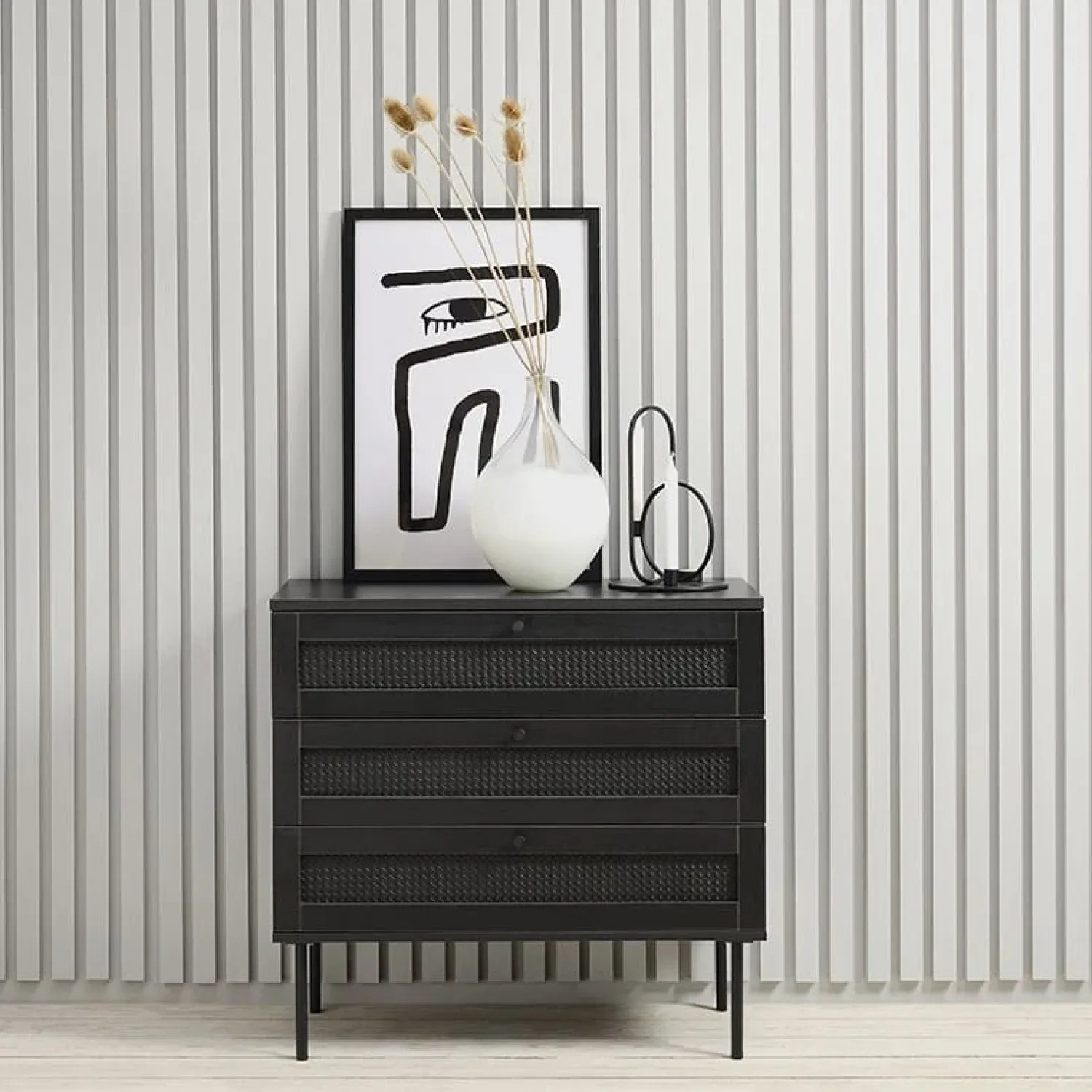 LykkeHome Dressoirs|Industriele Kasten|Pernille dressoir zwart melamine rotan 80cm