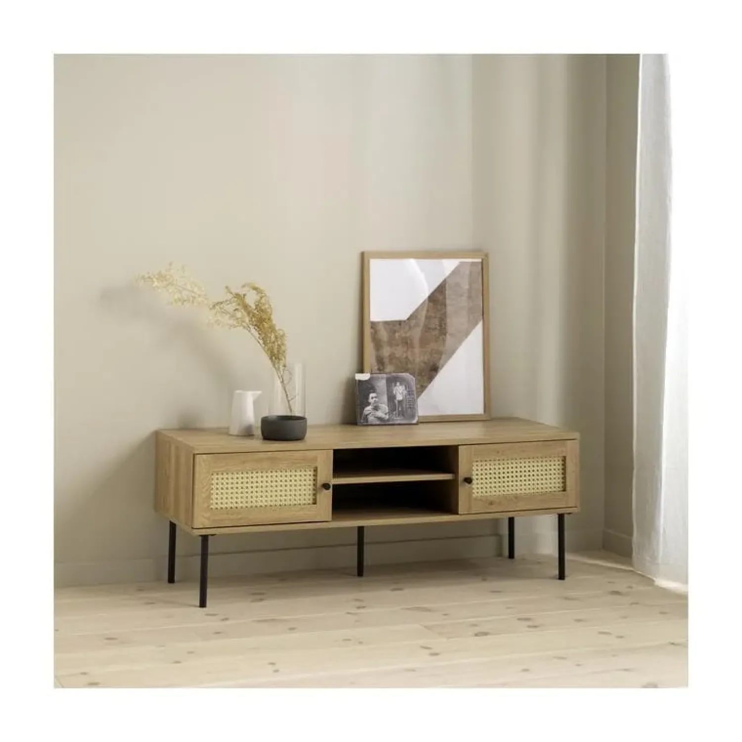 LykkeHome Industriele Kasten|Tv Meubels|Pernille Tv meubel Naturel rotan 120cm