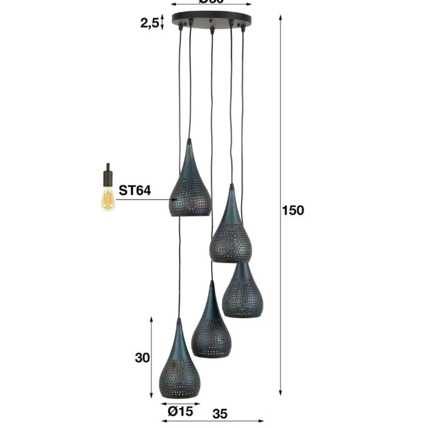 Kalfort Hanglampen|Pinch Hanglamp 5-lichts getrapt Zwart bruin