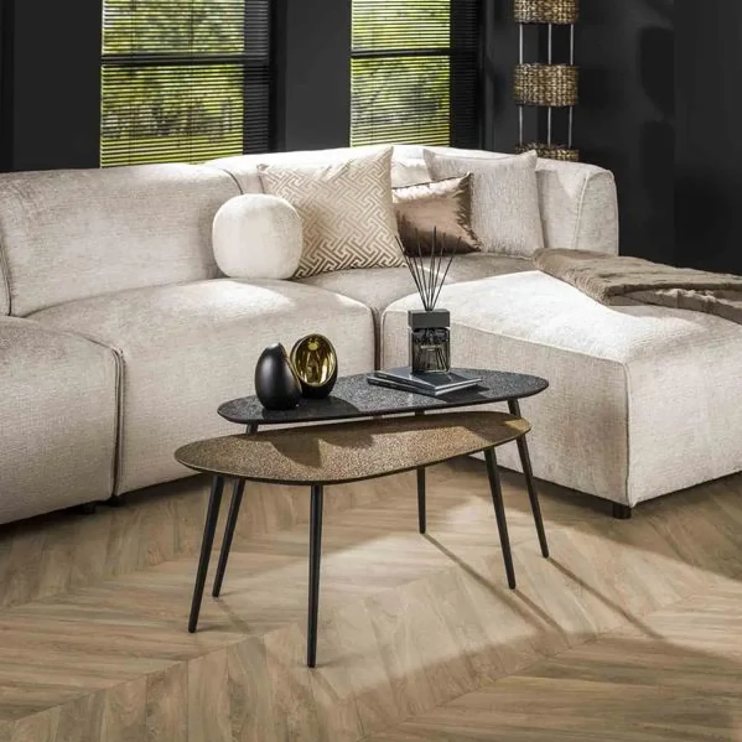 Kalfort Salontafels|Rania Salontafel set van 2 organisch antiek brons / zwart