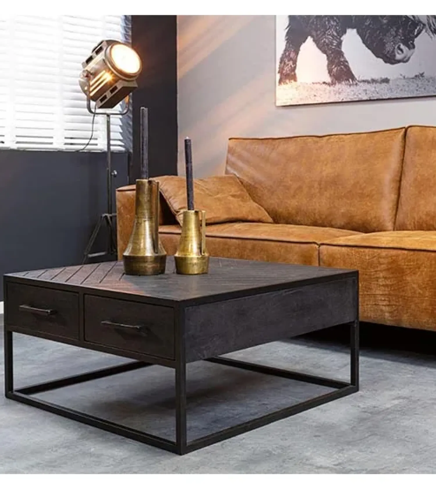 Furndea Salontafels|Scandi salontafel industrieel mangohout visgraat zwart 4 lades