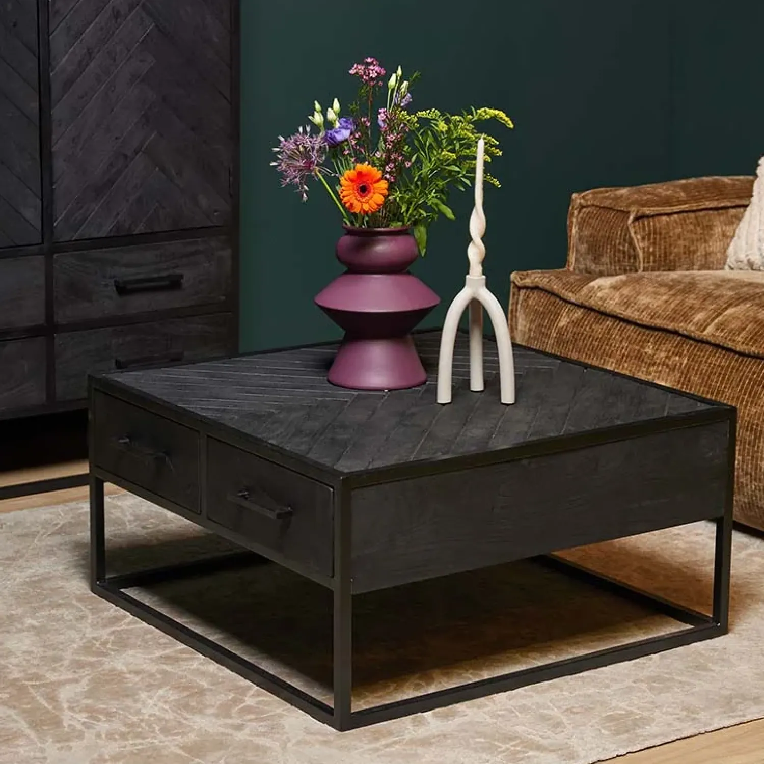 Furndea Salontafels|Scandi salontafel industrieel mangohout visgraat zwart 4 lades