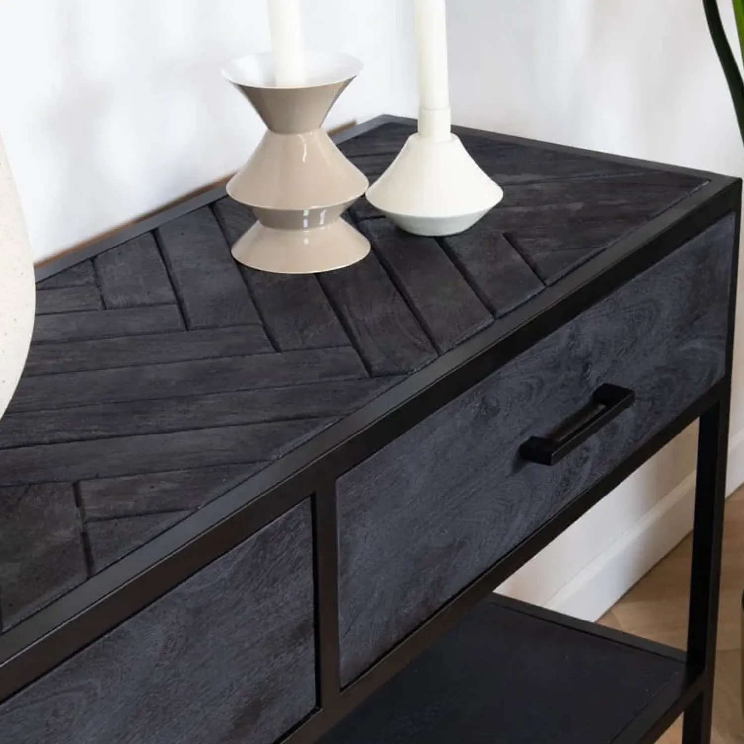 Furndea Sidetables|Scandi sidetable mangohout 2-lades 120cm zwart visgraat