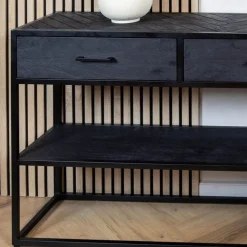 Furndea Sidetables|Scandi sidetable mangohout 2-lades 120cm zwart visgraat