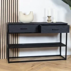 Furndea Sidetables|Scandi sidetable mangohout 2-lades 120cm zwart visgraat