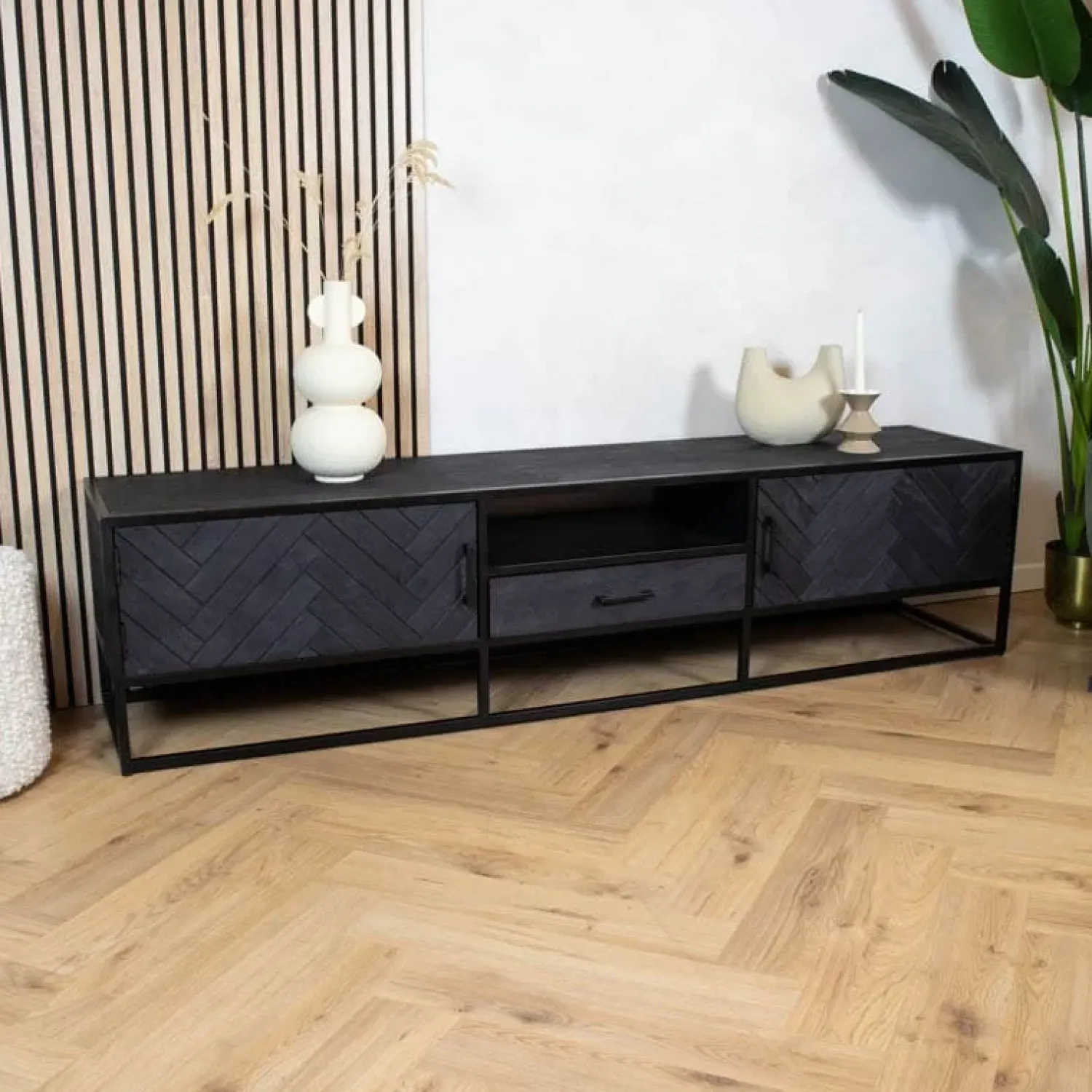 Furndea Industriele Kasten|Tv Meubels|Scandi tv meubel industrieel mangohout visgraat zwart 180cm