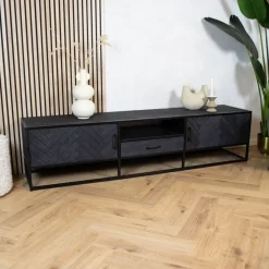 Furndea Industriele Kasten|Tv Meubels|Scandi tv meubel industrieel mangohout visgraat zwart 165cm