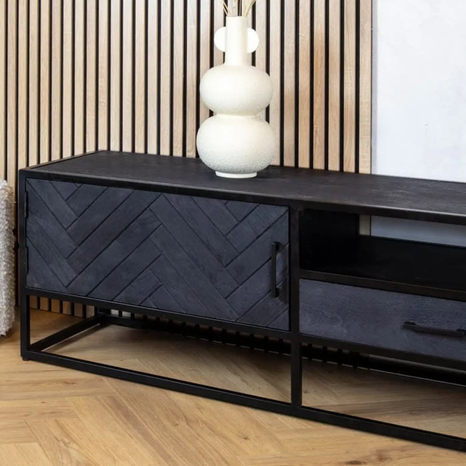 Furndea Industriele Kasten|Tv Meubels|Scandi tv meubel industrieel mangohout visgraat zwart 165cm
