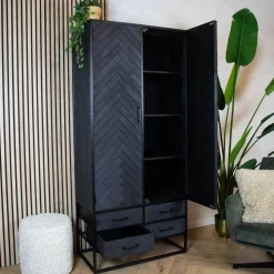 Furndea Wandkasten|Industriele Kasten|Scandi wandkast industrieel mangohout visgraat zwart 90cm