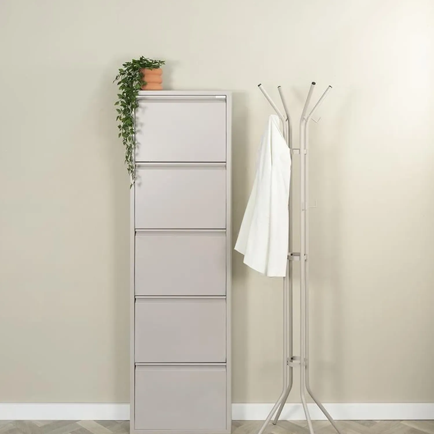 Redin Design Schoenenkasten|Schoenenkasten|Schoenenkast industrieel Pippen (5 lades) – Taupe metaal