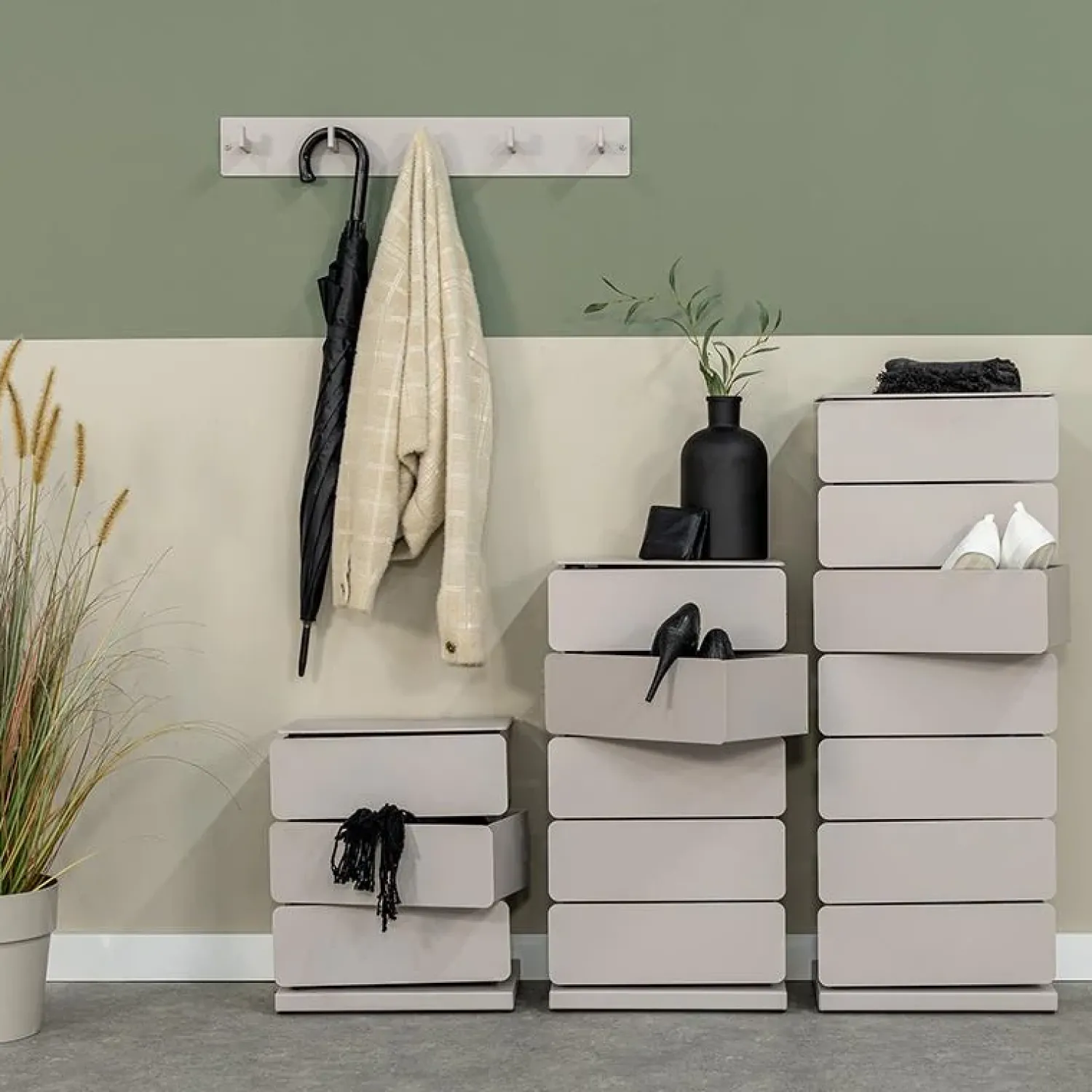Redin Design Schoenenkasten|Schoenenkasten|Schoenenkast industrieel Rodman (5 lades) – Taupe metaal