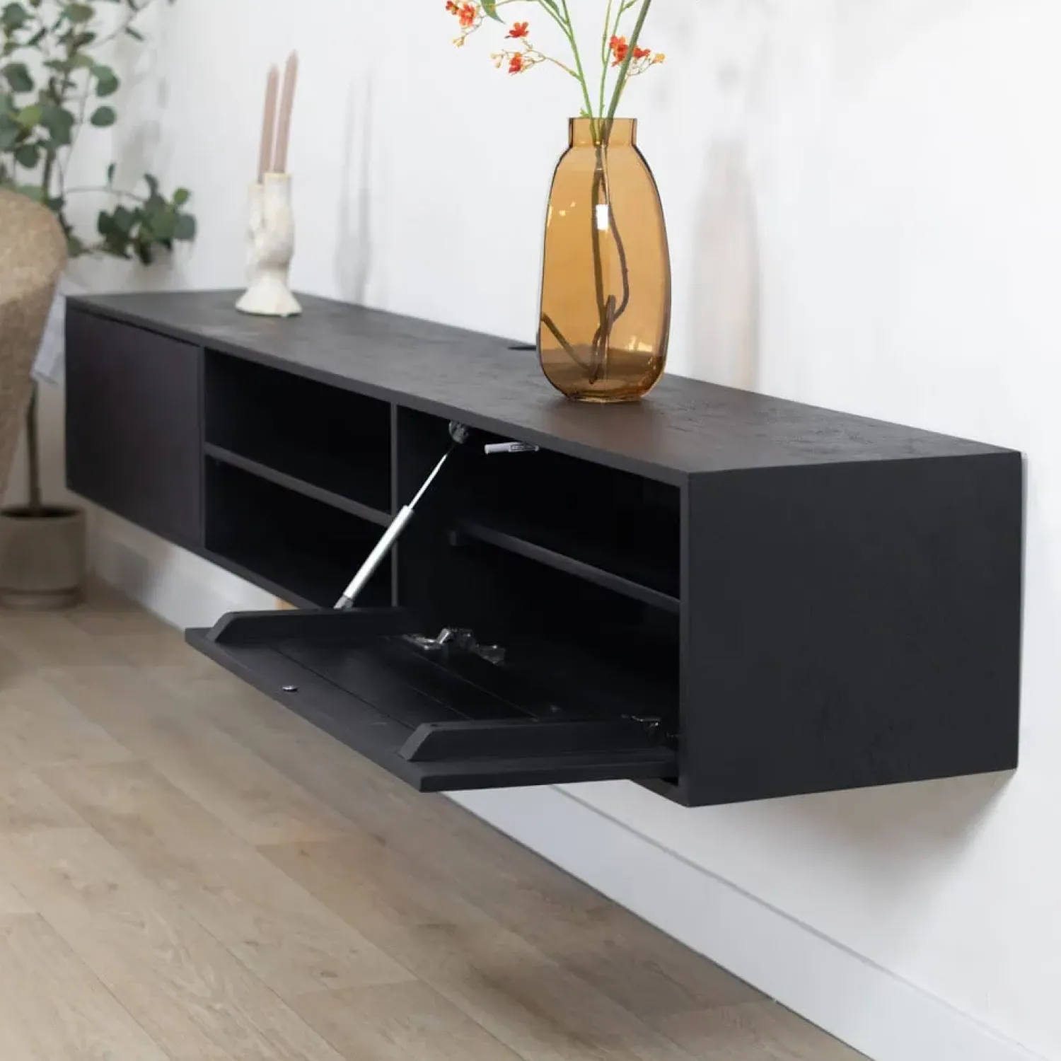 Vane Living Industriele Kasten|Tv Meubels|Sigge Zwevend Tv meubel zwart 200cm