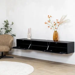 Vane Living Industriele Kasten|Tv Meubels|Sigge Zwevend Tv meubel zwart 200cm