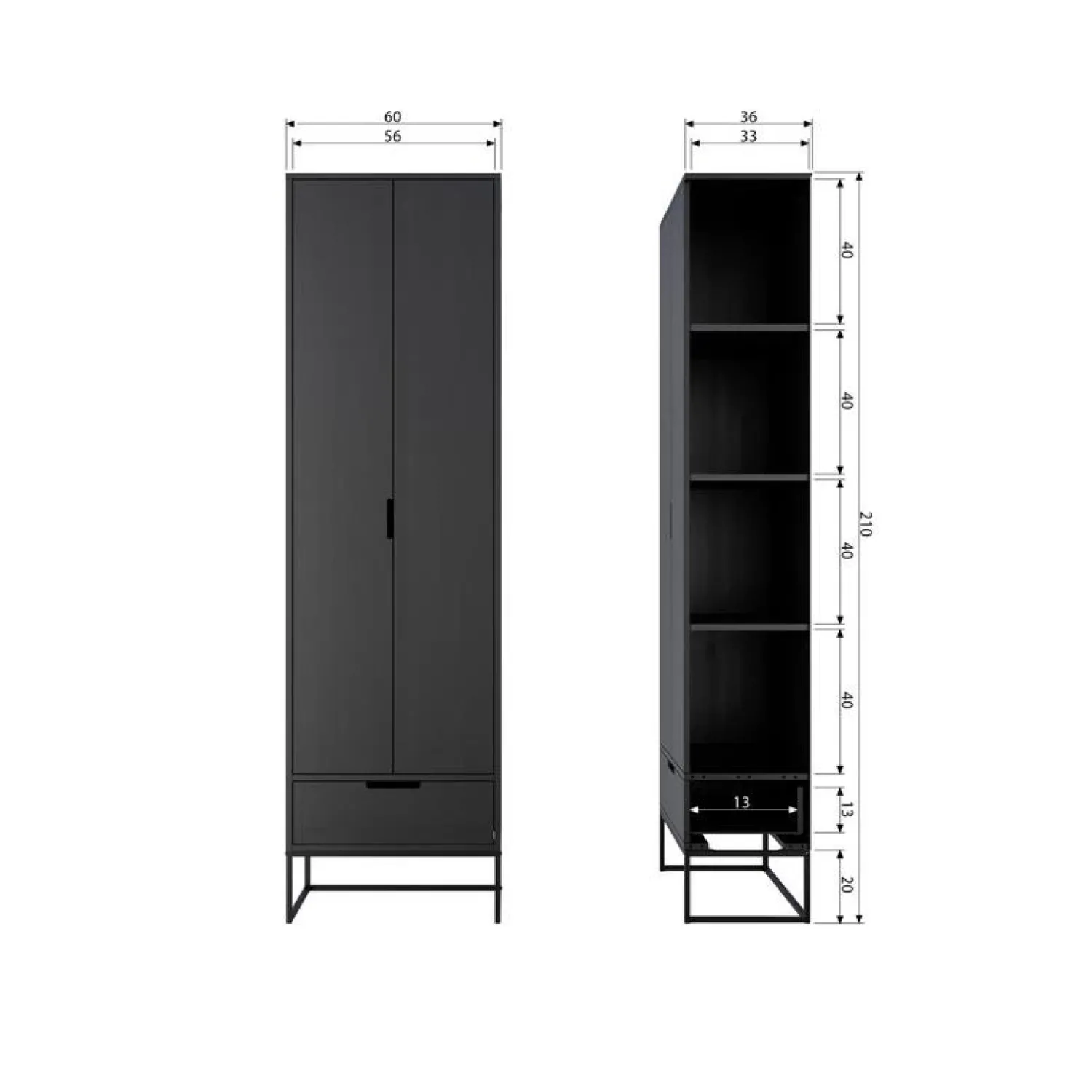 WOOOD Wandkasten|Industriele Kasten|Silas Hoge Wandkast Essen Blacknight 60cm