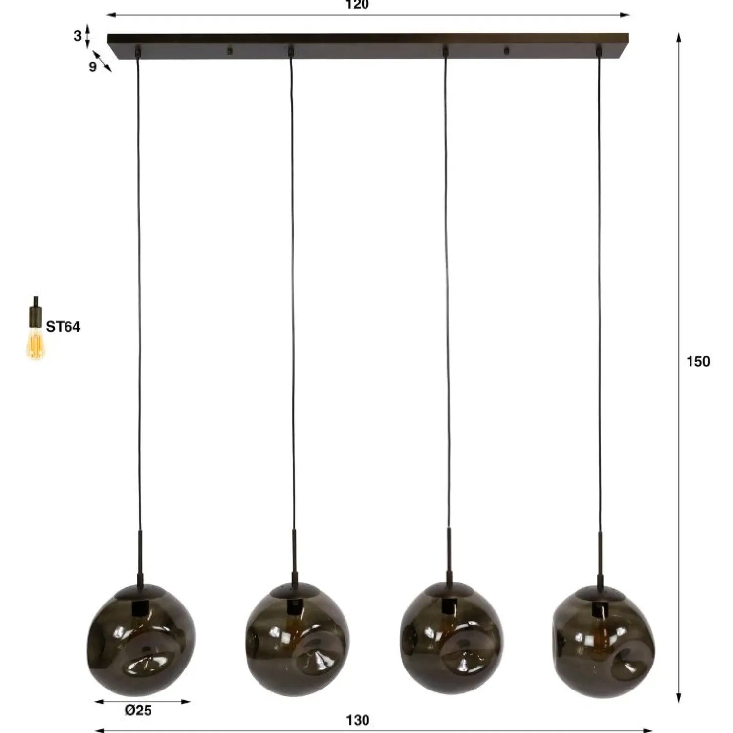 Kalfort Hanglampen|Glazen Hanglamp|Solaro 4-lichts Hanglamp Bruin glas