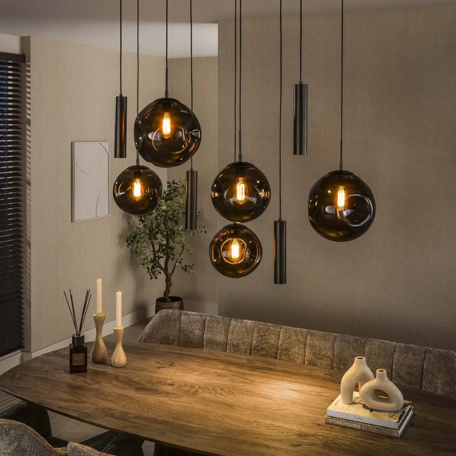Kalfort Hanglampen|Glazen Hanglamp|Solaro 9-lichts Hanglamp Bruin glas