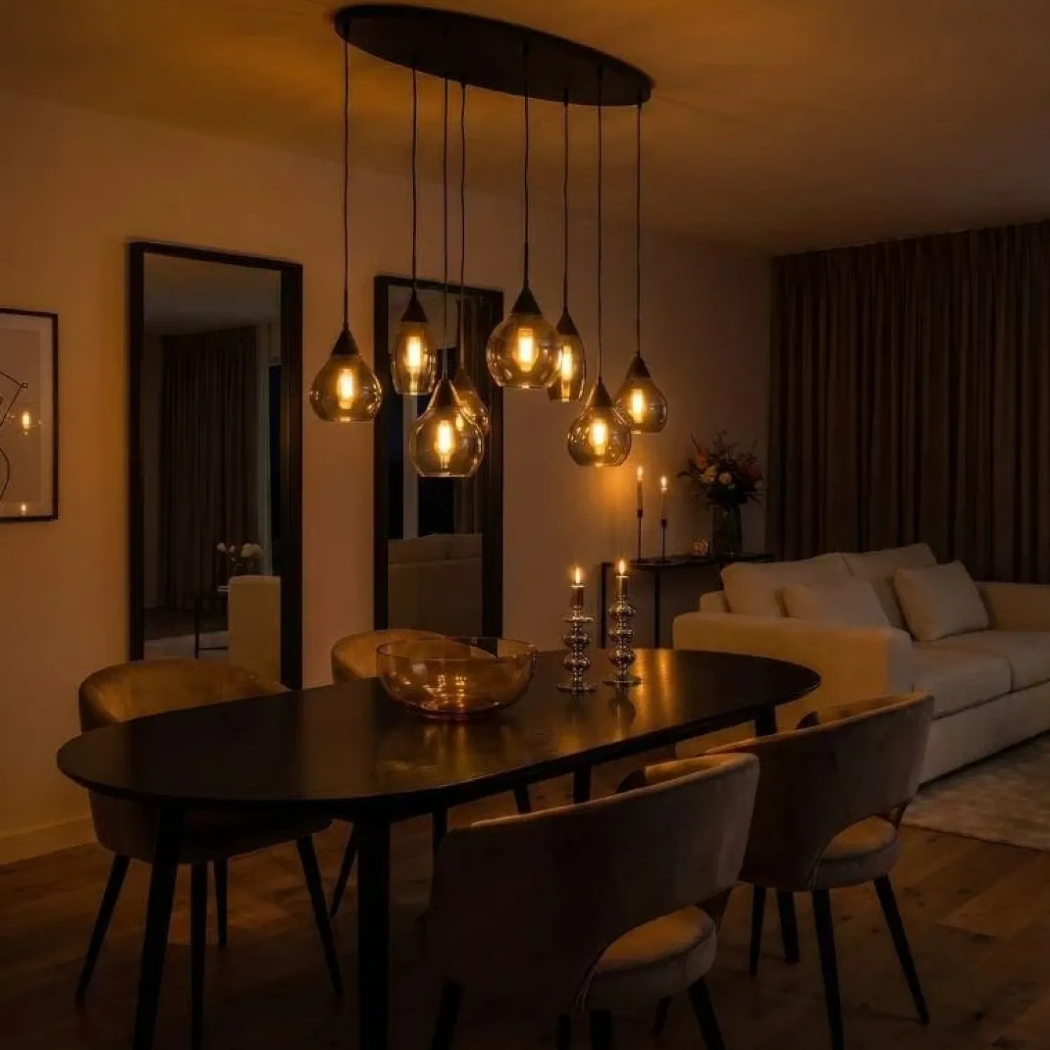 Kalfort Hanglampen|Glazen Hanglamp|Spix Hanglamp 8-lichts ovaal smoke glas