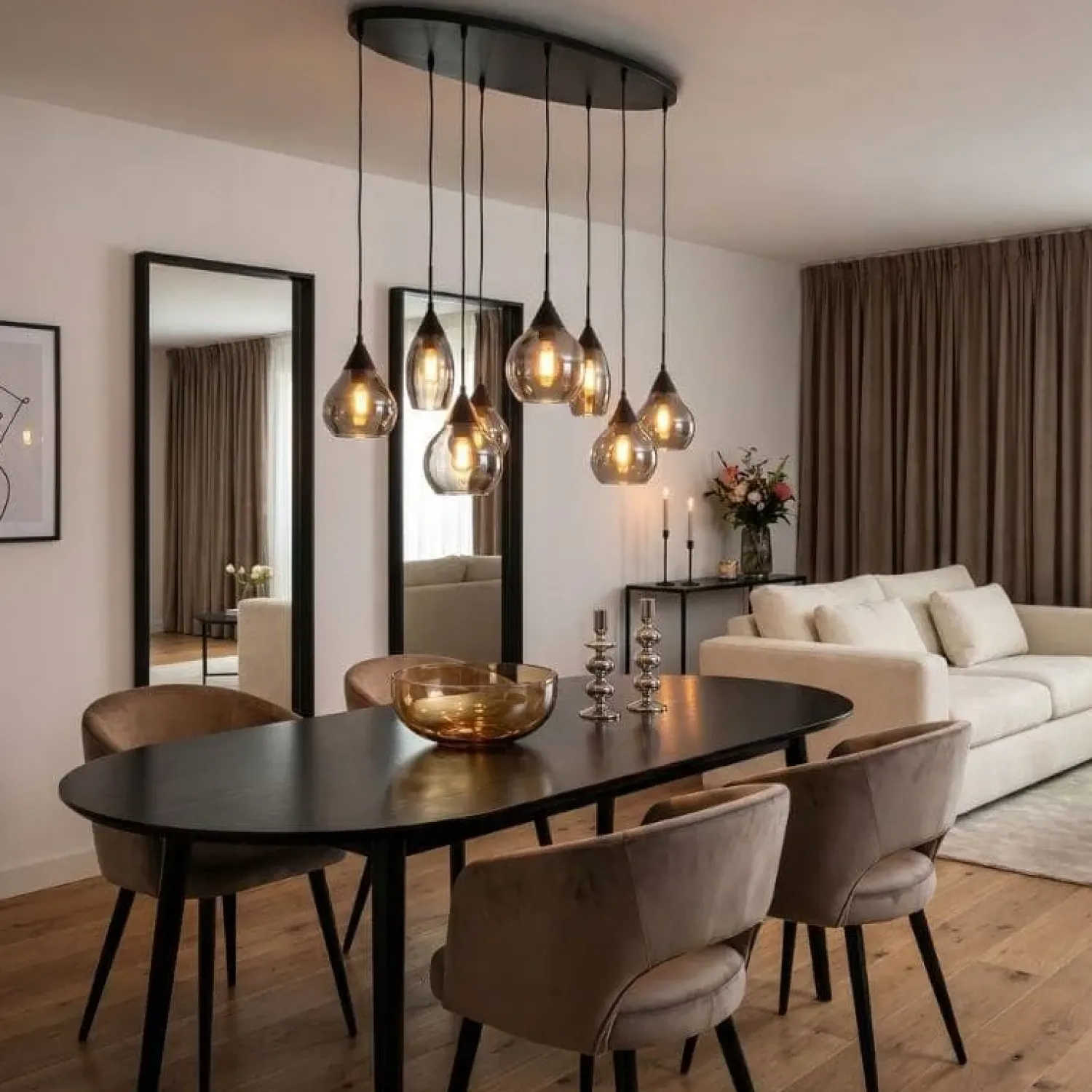 Kalfort Hanglampen|Glazen Hanglamp|Spix Hanglamp 8-lichts ovaal smoke glas