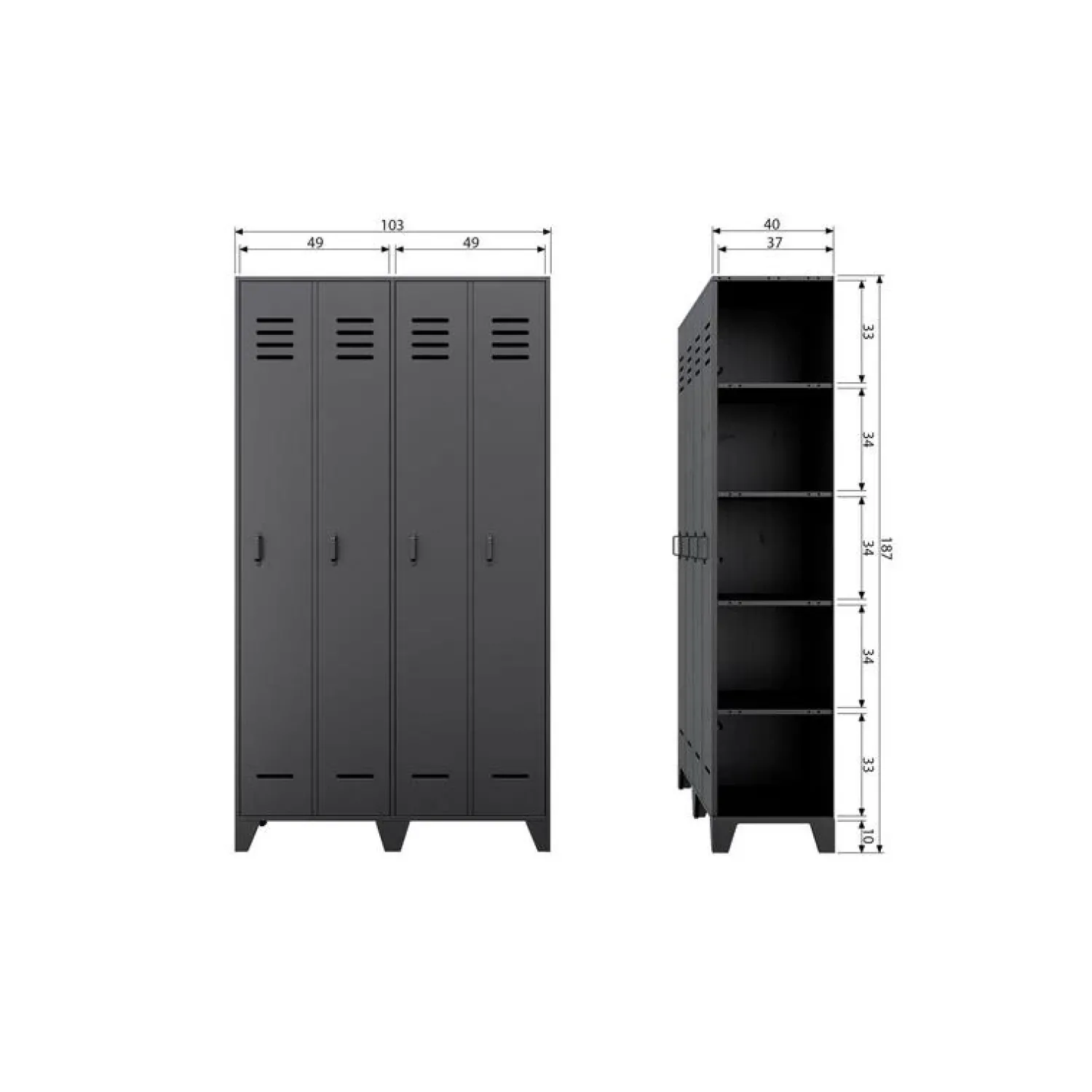 WOOOD Lockerkasten|Industriele Kasten|Stijn Lockerkast 2-Deurs Zwart 103cm