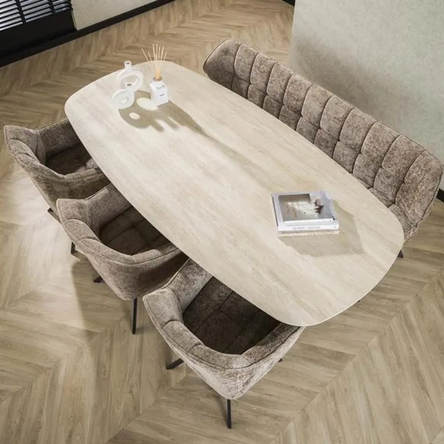Kalfort Eettafels|Strato Eettafel deens ovaal Keramiek Travertin 215cm