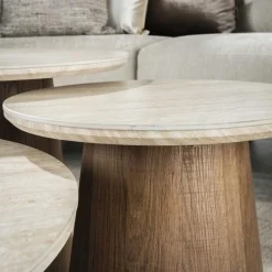 Kalfort Salontafels|Strato Salontafel set van 3 rond blok poten Keramiek travertin