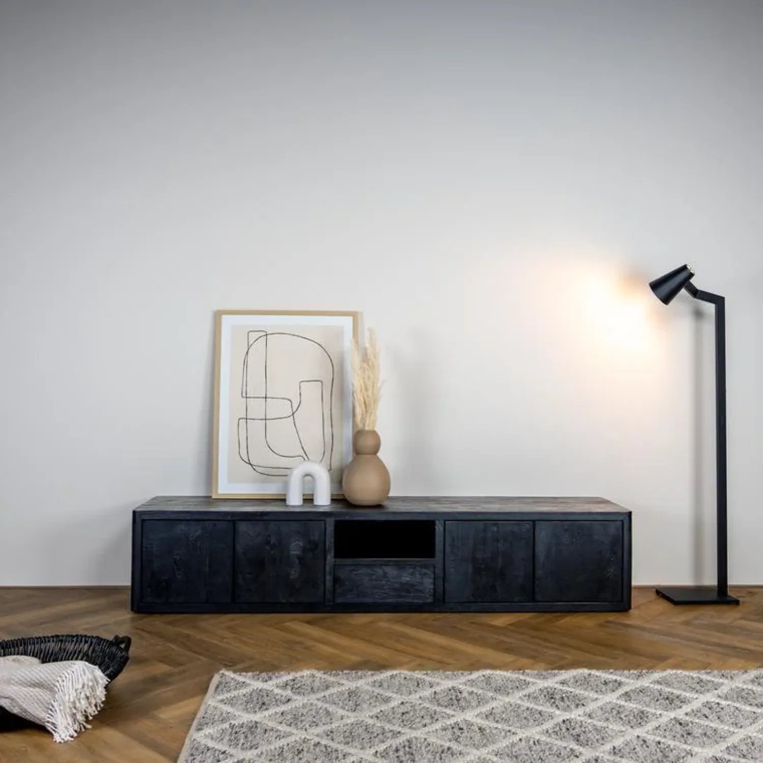 Tower living Industriele Kasten|Tv Meubels|Tenna Zwevend Tv meubel zwart mangohout 200cm