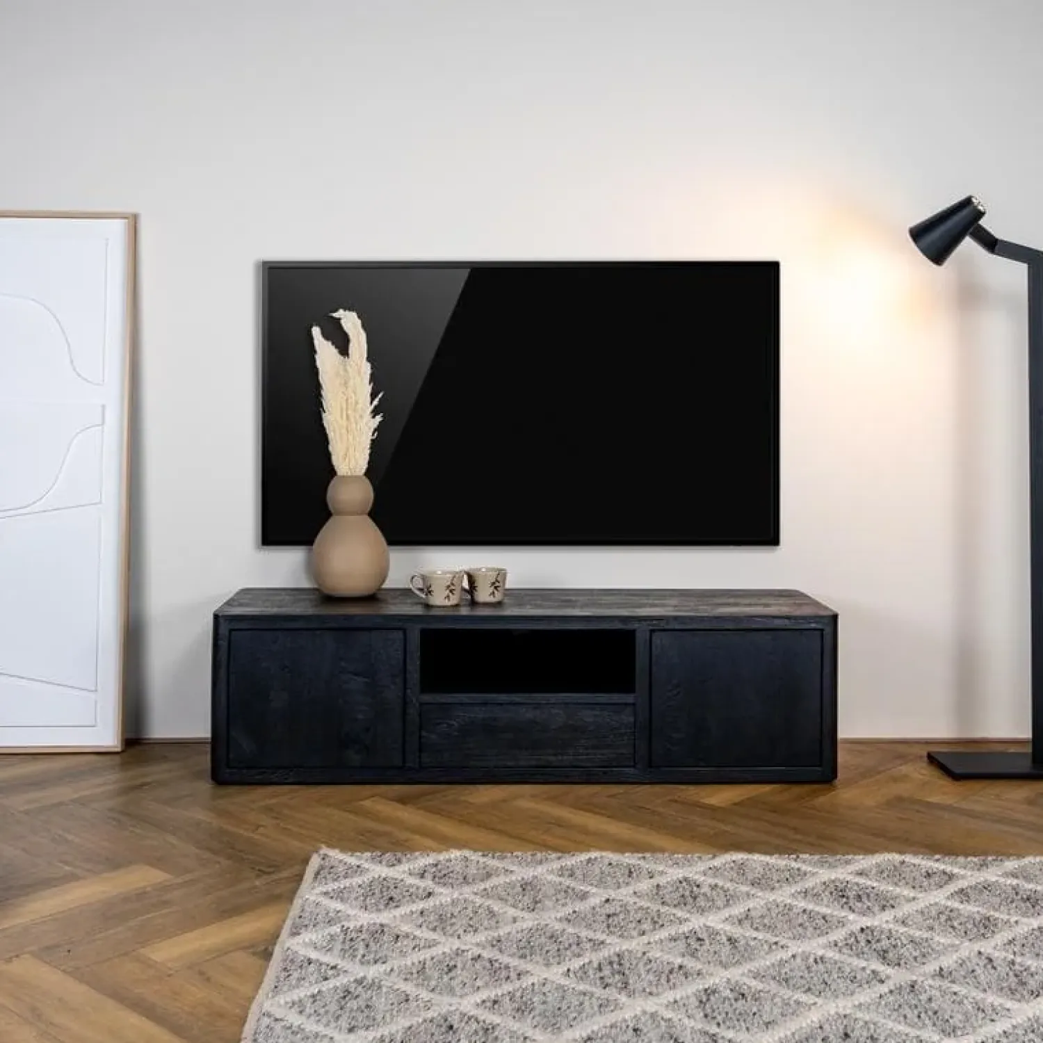 Tower living Industriele Kasten|Tv Meubels|Tenna Zwevend Tv meubel zwart mangohout 150cm