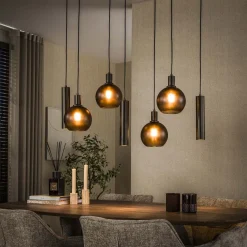 Kalfort Hanglampen|Glazen Hanglamp|Tessio 7-lichts Hanglamp bruin-frosted