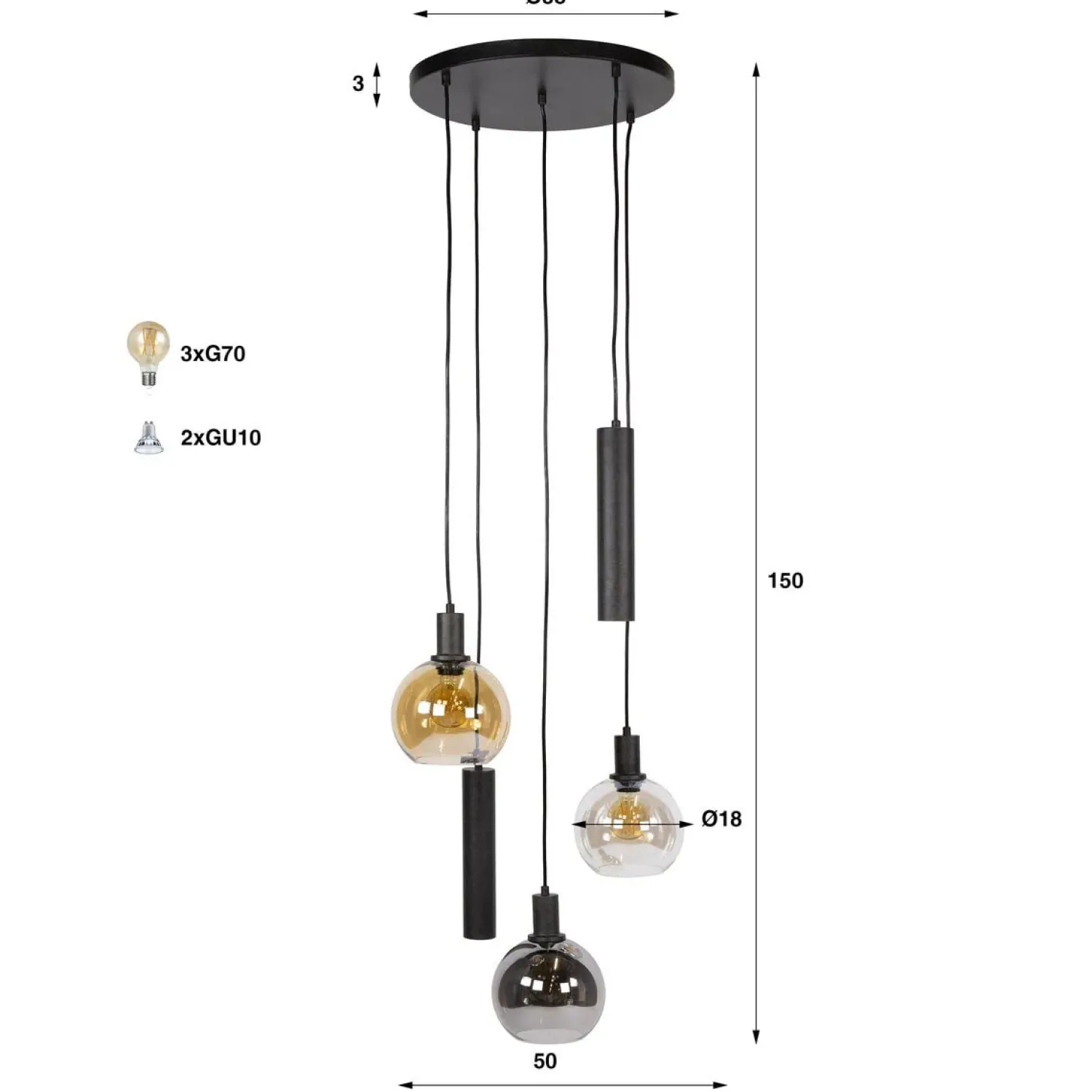Kalfort Hanglampen|Glazen Hanglamp|Tessio 5-lichts Hanglamp Getrapt Multikleur glas