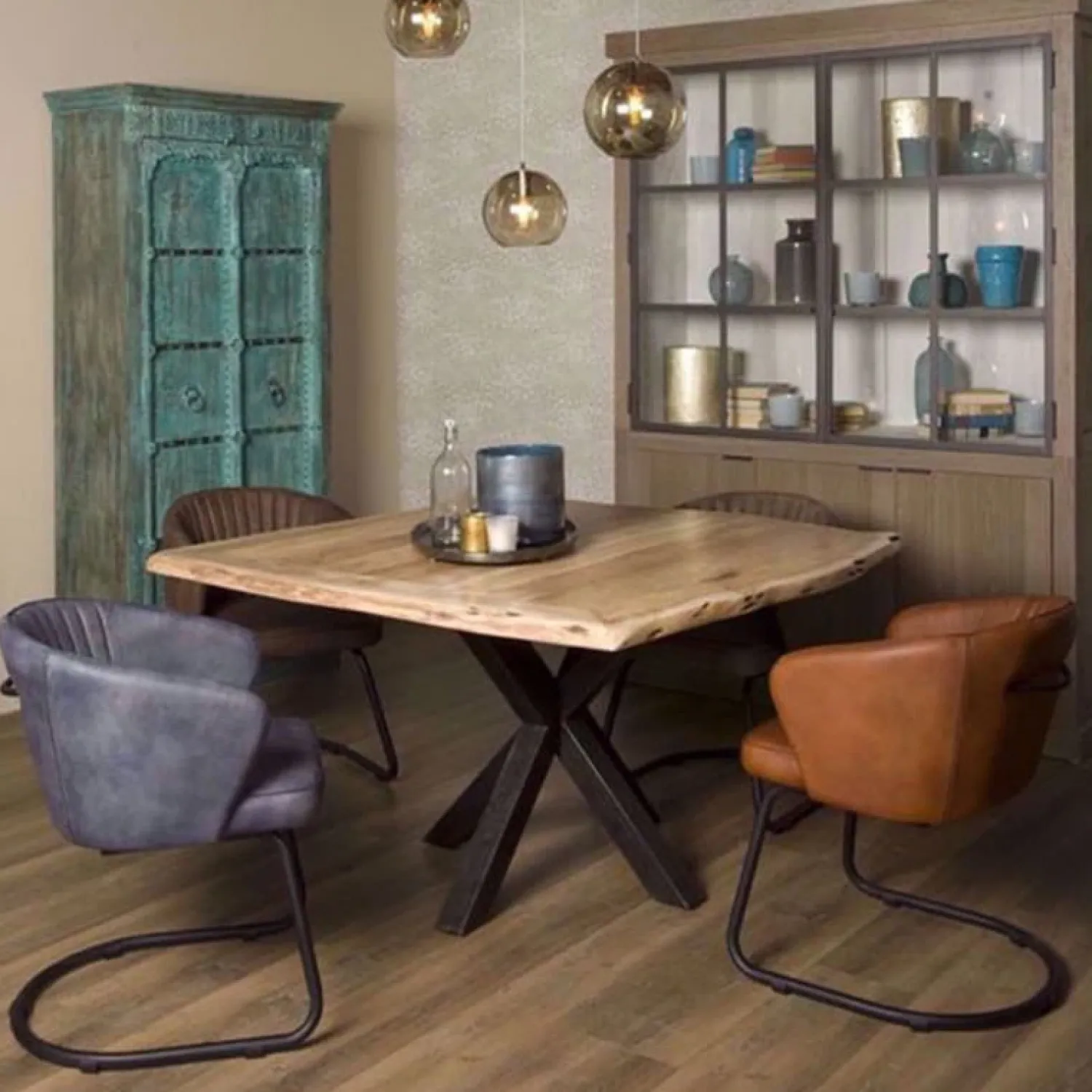 Tower living Eettafels|Tiago Eettafel met spinpoot vierkant acacia hout naturel 130×130